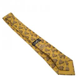 Pre Owned Hermes Yellow Owl and Moon Printed  Silk Tie