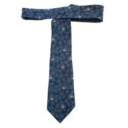 Pre Owned Hermes Blue Butterfly and Flower Print Silk Tie