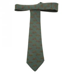 Pre Owned Hermes Green Greyhound Printed Silk Tie