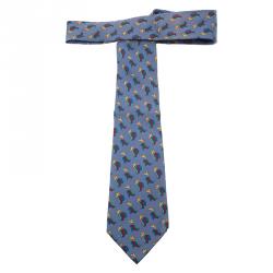 Pre Owned Hermes Light Blue Scarves Printed Silk Tie