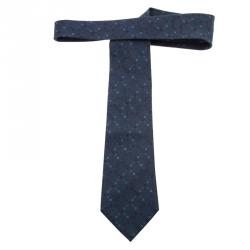 Pre Owned Hermes Dark Blue Floral Woven Silk Tie