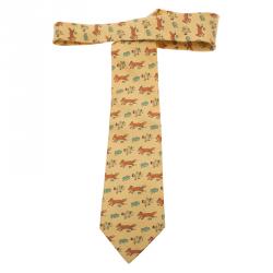 Pre Owned Hermes Yellow Fox and Chicken Print Silk Tie
