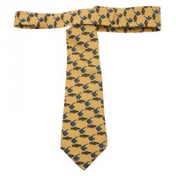 Pre Owned Hermes Yellow Fish Print Silk Tie
