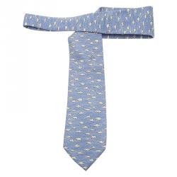 Pre Owned Hermes Light Blue Clouds and Birds Print Silk Tie