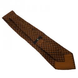 Pre Owned Hermes Orange and Brown Printed Silk Tie