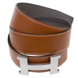Pre Owned Hermes Brown Leather H Buckle Belt Size 90 CM