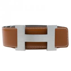 Pre Owned Hermes Brown Leather H Buckle Belt Size 90 CM