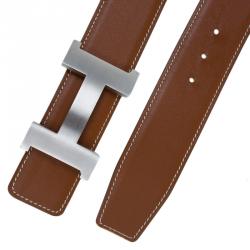 Pre Owned Hermes Brown Leather H Buckle Belt Size 90 CM