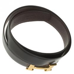 Pre Owned Hermes Black and Brown Leather H Buckle Reversible Belt 105 CM