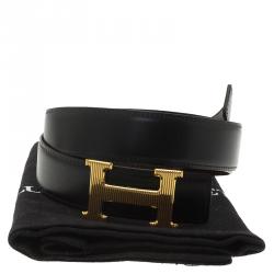 Pre Owned Hermes Black and Brown Leather H Buckle Reversible Belt 105 CM
