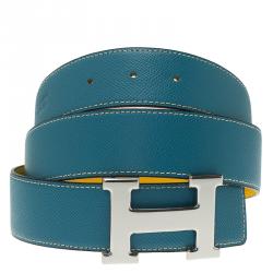 Pre Owned Hermes Blue and Yellow Constance Reversible Belt Size 95 CM