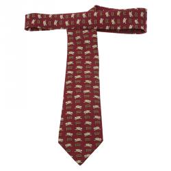 Pre Owned Hermes Red Sheep Print Silk Tie