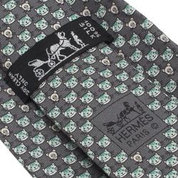 Pre Owned Hermes Grey Cat and Mouse Print Silk Tie