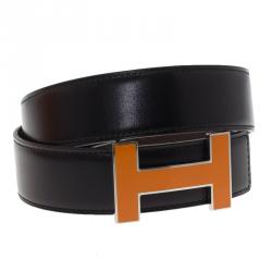 Pre Owned Hermes Black Leather H Logo Constance Changeable Belt 80 CM and 85 CM