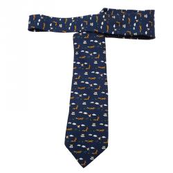 Pre Owned Hermes Navy Blue Wolf, Clouds & Chicken Print Silk Tie