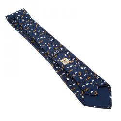 Pre Owned Hermes Navy Blue Wolf, Clouds & Chicken Print Silk Tie