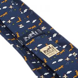 Pre Owned Hermes Navy Blue Wolf, Clouds & Chicken Print Silk Tie