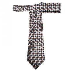 Pre Owned Hermes Blue H Boots Print Silk Tie