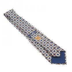 Pre Owned Hermes Blue H Boots Print Silk Tie