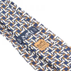Pre Owned Hermes Blue H Boots Print Silk Tie