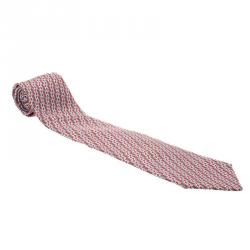 Pre Owned Hermes Red & Grey H Printed Silk Tie