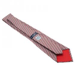 Pre Owned Hermes Red & Grey H Printed Silk Tie