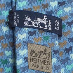 Pre Owned Hermes Blue Horse Print Silk Tie