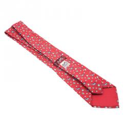 Pre Owned Hermes Red Zebra and Fish Print Silk Tie