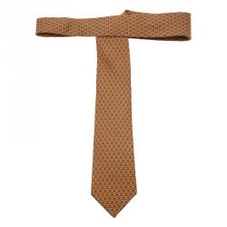 Pre Owned Hermes Orange & Grey Printed Silk Tie