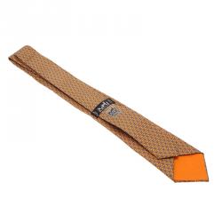 Pre Owned Hermes Orange & Grey Printed Silk Tie