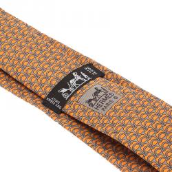 Pre Owned Hermes Orange & Grey Printed Silk Tie