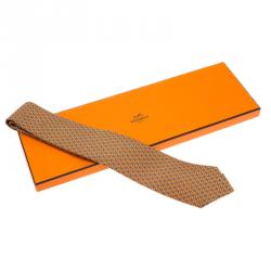 Pre Owned Hermes Orange & Grey Printed Silk Tie