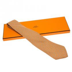 Pre Owned Hermes Orange Printed Silk Tie