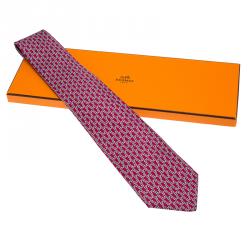 Pre Owned Hermes Red Printed Silk Tie