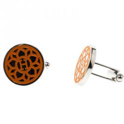 Hermes H Orange Floral Enamel Palladium Plated Cufflinks