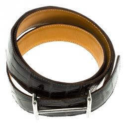 Pre Owned Hermes Black Porosus Crocodile Palladium Idem Belt 85 CM