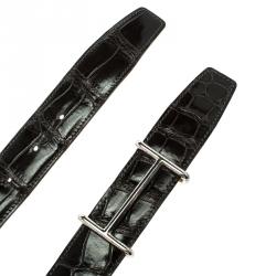 Pre Owned Hermes Black Porosus Crocodile Palladium Idem Belt 85 CM