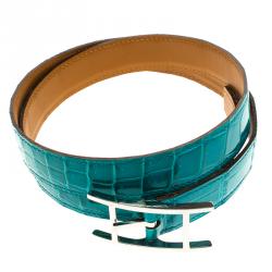 Pre Owned Hermes Blue Paon Porosus Crocodile Palladium Quentin Belt 85 CM