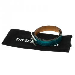 Pre Owned Hermes Blue Paon Porosus Crocodile Palladium Quentin Belt 85 CM