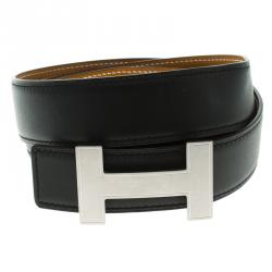 Pre Owned Hermes Black/Brown Box and Epsom Leather Quizz Buckle Belt 85 CM