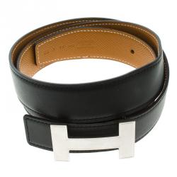 Pre Owned Hermes Black/Brown Box and Epsom Leather Quizz Buckle Belt 85 CM