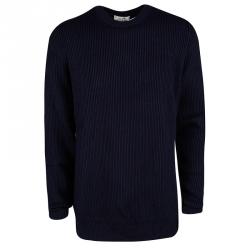 Hermes Navy Blue Chunky Knit Wool Contrast Trim Crew Neck Sweater 3XL