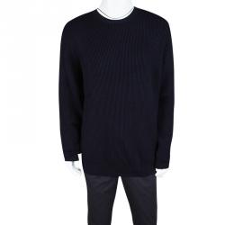 Hermes Navy Blue Chunky Knit Wool Contrast Trim Crew Neck Sweater 3XL
