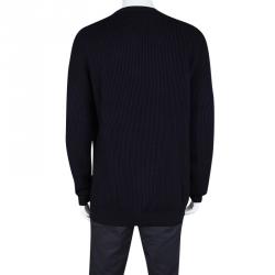 Hermes Navy Blue Chunky Knit Wool Contrast Trim Crew Neck Sweater 3XL