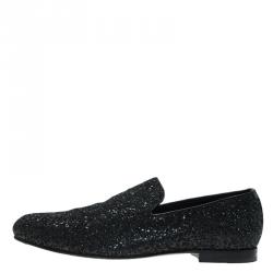 Jimmy Choo Black Coarse Glitter Sloane Smoking Slippers Size 44