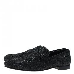 Jimmy Choo Black Coarse Glitter Sloane Smoking Slippers Size 44