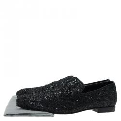 Jimmy Choo Black Coarse Glitter Sloane Smoking Slippers Size 44