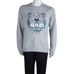Pre Owned Kenzo Grey Cotton Knit Embroidered Tiger Motif Sweatshirt XL