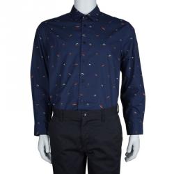 Pre Owned Kenzo Navy Blue Cotton Spaceship Print Long Sleeve Buttondown Slim Fit Shirt L