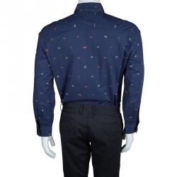 Pre Owned Kenzo Navy Blue Cotton Spaceship Print Long Sleeve Buttondown Slim Fit Shirt L